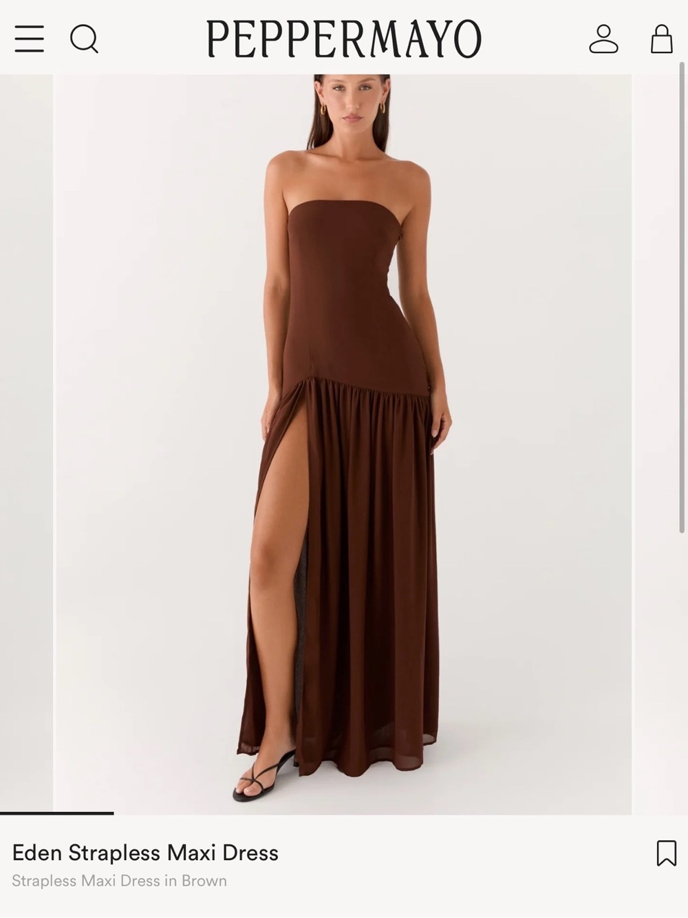 Peppermayo Brown Strapless Maxi Dress with High Thigh Slit